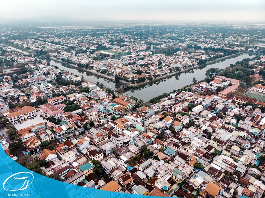 The city of hue in the mist of Vietnam. The view from the top. Aerial view. Rainy season, winter